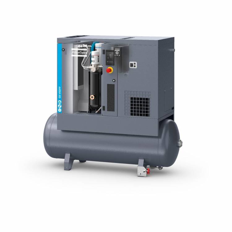 This is an Atlas Copco GA5 VSD 8 bar compressor grey compressor with open panel showing internal components – ideal for smaller applications.