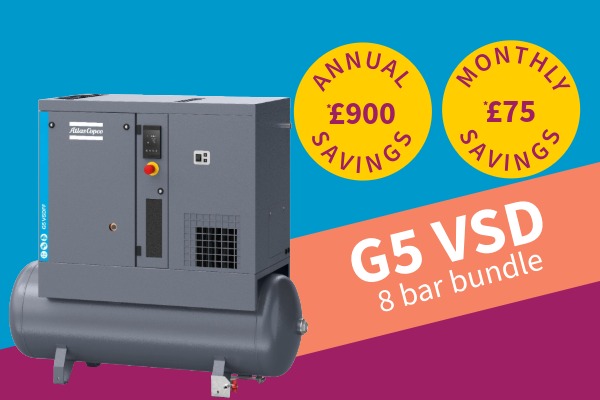 This is a grey Atlas Copco GA5 VSD 8 bar compressor – ideal for smaller applications. Affordable finance options available to help you get a brand-new compressor with minimal upfront cost. This image include potential savings annually of £900. Well worth checking out to support your business.